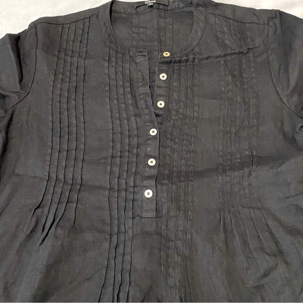 Quince Linen Black Short-Sleeve Pleated Women's Dress - Picture 3 of 9
